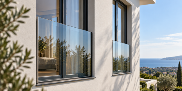 Balcone alla francese con balaustra in vetro FPS